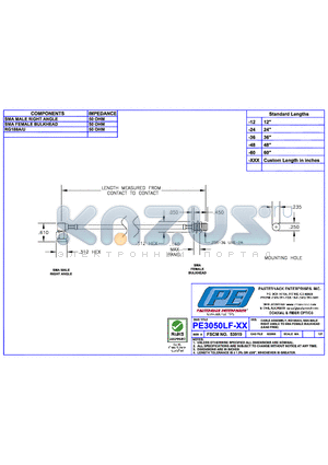 PE3050LF datasheet - CABLE ASSEMBLY RG18A/U SMA MALE RIGHT ANGLE TO SMA FEMALE BULKHEAD(LEAD FREE)