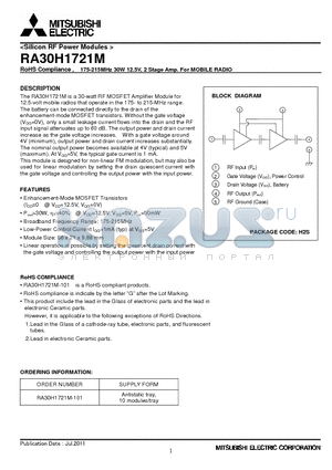 RA30H1721M-101 datasheet - RoHS Compliance , 175-215MHz 30W 12.5V, 2 Stage Amp. For MOBILE RADIO