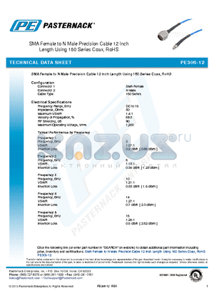 PE306-12 datasheet - SMA Female to N Male Precision Cable 12 Inch Length Using 160 Series Coax, RoHS