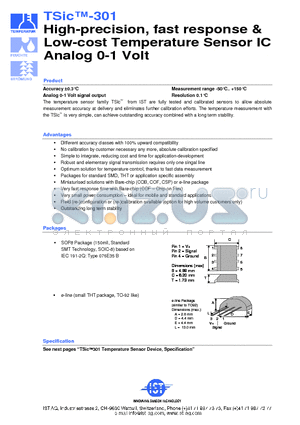 TSIC-301 datasheet - High-precision, fast response & Low-cost Temperature Sensor IC Analog 0-1 Volt