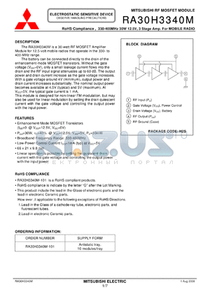 RA30H3340M datasheet - RoHS Compliance , 330-400MHz 30W 12.5V, 3 Stage Amp. For MOBILE RADIO