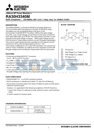 RA30H3340M-101 datasheet - RoHS Compliance , 330-400MHz 30W 12.5V, 3 Stage Amp. For MOBILE RADIO