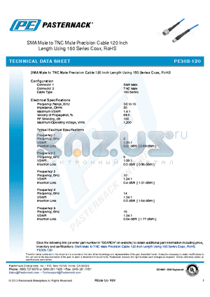 PE308-120 datasheet - SMA Male to TNC Male Precision Cable 120 Inch Length Using 160 Series Coax, RoHS