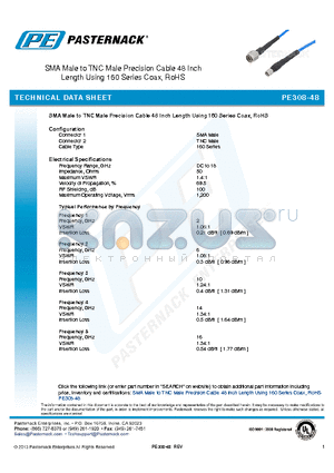 PE308-48 datasheet - SMA Male to TNC Male Precision Cable 48 Inch Length Using 160 Series Coax, RoHS