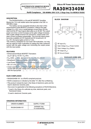 RA30H3340M_10 datasheet - 330-400MHz 30W 12.5V, 3 Stage Amp. For MOBILE RADIO