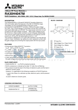 RA30H4047M datasheet - RoHS Compliance , 400-470MHz 30W 12.5V, 3 Stage Amp. For MOBILE RADIO