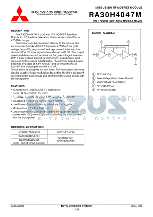 RA30H4047M-01 datasheet - 400-470MHz 30W 12.5V MOBILE RADIO