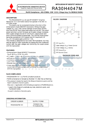 RA30H4047M-101 datasheet - RoHS Compliance , 400-470MHz 30W 12.5V, 3 Stage Amp. For MOBILE RADIO