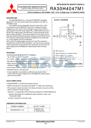 RA30H4047M1 datasheet - 400-470MHz 30W 12.5V, 2 Stage Amp. For MOBILE RADIO