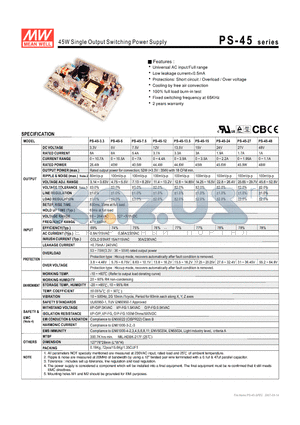 PS-45 datasheet - 45W Single Output Switching Power Supply