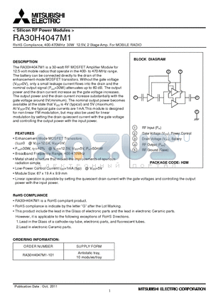 RA30H4047M1 datasheet - RoHS Compliance, 400-470MHz 30W 12.5V, 2 Stage Amp. For MOBILE RADIO