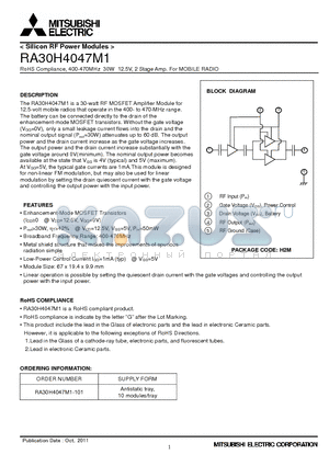 RA30H4047M1-101 datasheet - RoHS Compliance, 400-470MHz 30W 12.5V, 2 Stage Amp. For MOBILE RADIO