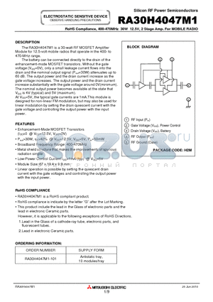 RA30H4047M1_10 datasheet - 400-470MHz 30W 12.5V, 2 Stage Amp. For MOBILE RADIO