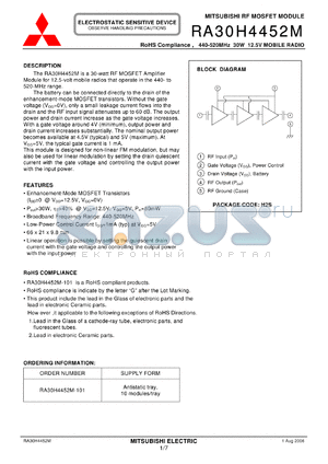 RA30H4452M datasheet - RoHS Compliance , 440-520MHz 30W 12.5V MOBILE RADIO