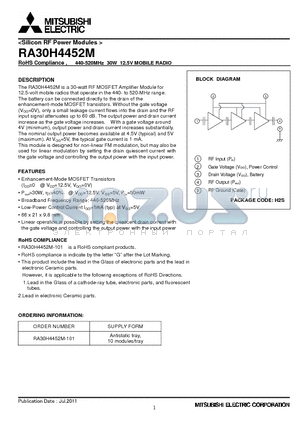 RA30H4452M datasheet - RoHS Compliance , 440-520MHz 30W 12.5V MOBILE RADIO