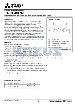 RA30H4047M_11 datasheet - RoHS Compliance , 400-470MHz 30W 12.5V, 3 Stage Amp. For MOBILE RADIO