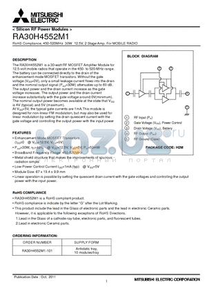 RA30H4552M1 datasheet - RoHS Compliance, 450-520MHz 30W 12.5V, 2 Stage Amp. For MOBILE RADIO