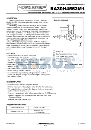 RA30H4552M1 datasheet - 450-520MHz 30W 12.5V, 2 Stage Amp. For MOBILE RADIO