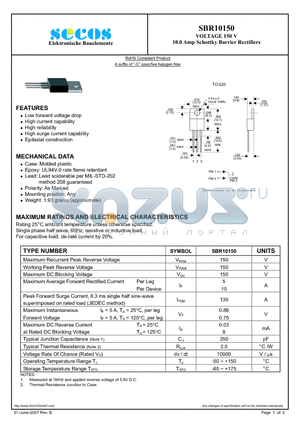 SBR10150 datasheet - VOLTAGE 150 V 10.0 Amp Schottky Barrier Rectifiers