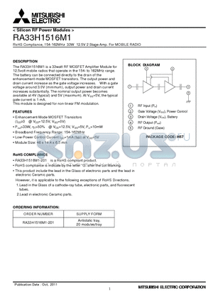 RA33H1516M1 datasheet - RoHS Compliance, 154-162MHz 33W 12.5V 2 Stage Amp. For MOBILE RADIO