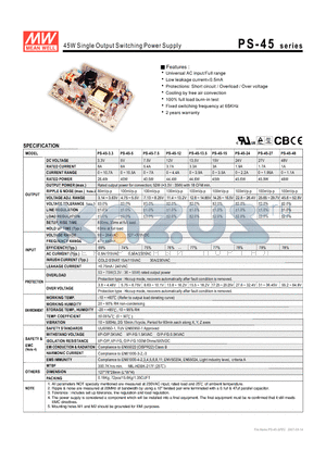 PS-45-27 datasheet - 45W Single Output Switching Power Supply