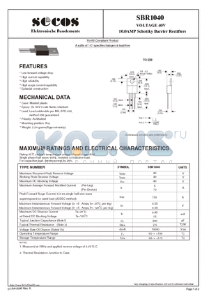 SBR1040 datasheet - VOLTAGE 40V 10.0AMP Schottky Barrier Rectifiers