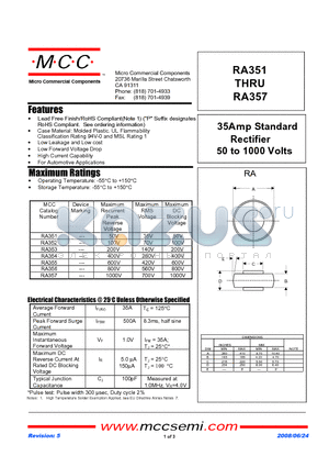 RA351 datasheet - 35Amp Standard Rectifier 50 to 1000 Volts