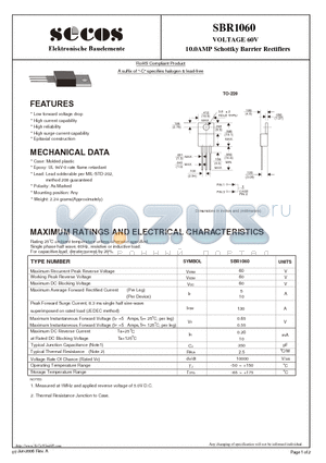 SBR1060 datasheet - VOLTAGE 60V 10.0AMP Schottky Barrier Rectifiers