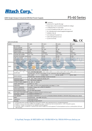 PS-60 datasheet - 60W Single Output Industrial DIN Rail Power Supply