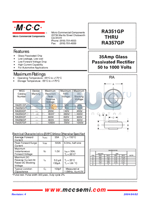 RA354GP datasheet - 35Amp Glass Passivated Rectifier 50 to 1000 Volts
