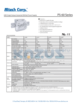 PS-60_1 datasheet - 60W Single Output Industrial DIN Rail Power Supply