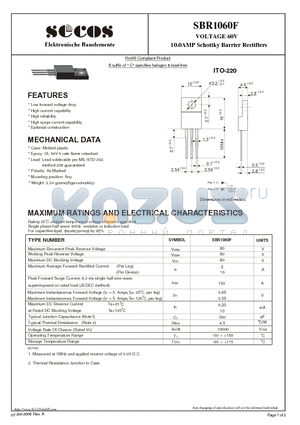 SBR1060F datasheet - VOLTAGE 60V 10.0AMP Schottky Barrier Rectifiers