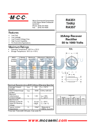 RA355 datasheet - 35Amp Recover Rectifier 50 to 1000 Volts