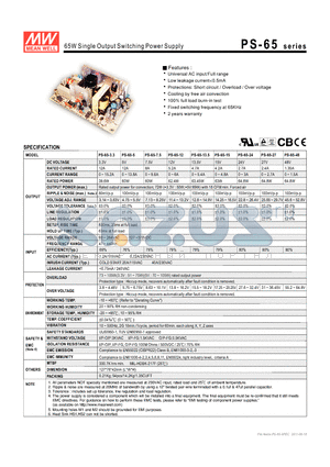 PS-65-12 datasheet - 65W Single Output Switching Power Supply