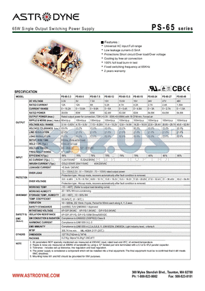 PS-65-15 datasheet - 65W Single Output Switching Power Supply