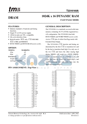 T2316160A-45 datasheet - 1024K x 16 DYNAMIC RAM FAST PAGE MODE