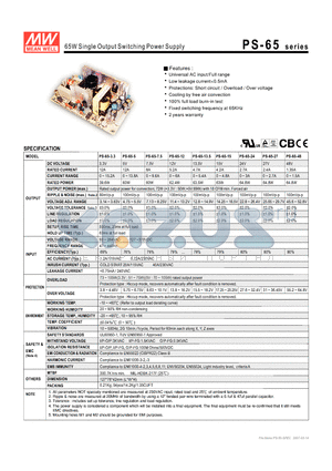 PS-65-15 datasheet - 65W Single Output Switching Power Supply