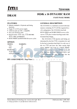 T2316160A-60 datasheet - 1024K x 16 DYNAMIC RAM FAST PAGE MODE