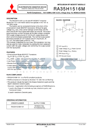 RA35H1516M datasheet - RoHS Compliance , 154-162MHz 40W 12.5V, 2 Stage Amp. For MOBILE RADIO