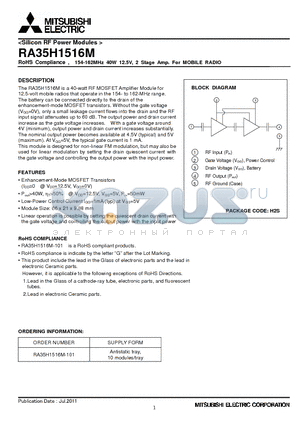RA35H1516M datasheet - RoHS Compliance , 154-162MHz 40W 12.5V, 2 Stage Amp. For MOBILE RADIO