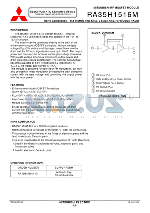 RA35H1516M-101 datasheet - RoHS Compliance , 154-162MHz 40W 12.5V, 2 Stage Amp. For MOBILE RADIO
