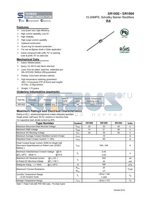 SR1504 datasheet - 15.0AMPS. Schottky Barrier Rectifiers High reliability