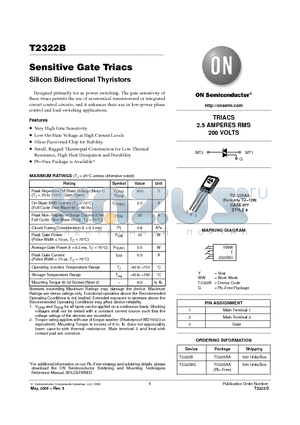 T2322BG datasheet - Sensitive Gate Triacs Silicon Bidirectional Thyristors