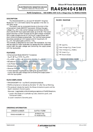 RA45H4045MR datasheet - 400-450MHz 45W 12.5V, 3 Stage Amp. For MOBILE RADIO