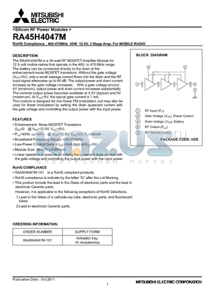 RA45H4047M datasheet - RoHS Compliance , 400-470MHz 45W 12.5V, 3 Stage Amp. For MOBILE RADIO