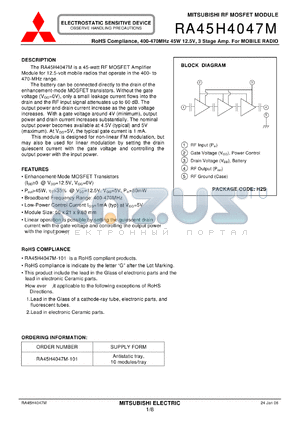 RA45H4047M-101 datasheet - RoHS Compliance, 400-470MHz 45W 12.5V, 3 Stage Amp. For MOBILE RADIO