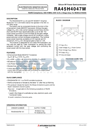 RA45H4047M-101 datasheet - 400-470MHz 45W 12.5V, 3 Stage Amp. For MOBILE RADIO