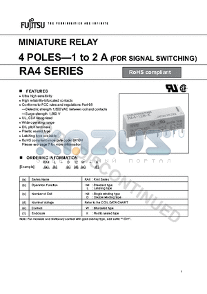 RA4-D12W-K datasheet - MINIATURE RELAY 4 POLES-1 to 2 A (FOR SIGNAL SWITCHING)