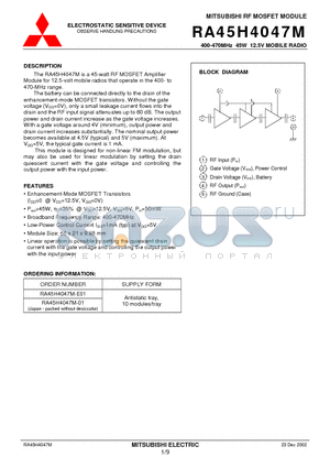 RA45H4047M-E01 datasheet - MITSUBISHI RF MOSFET MODULE 400-470MHz 45W 12.5V MOBILE RADIO