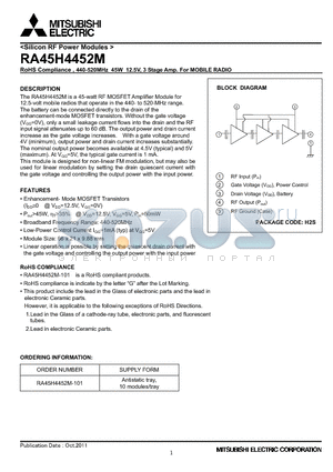 RA45H4452M datasheet - RoHS Compliance , 440-520MHz 45W 12.5V, 3 Stage Amp. For MOBILE RADIO